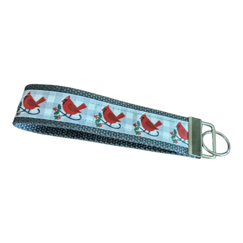 Cardinal Plaid Keychain Wristlet Handmade Key FOB Gray Winter Scene Bird Present